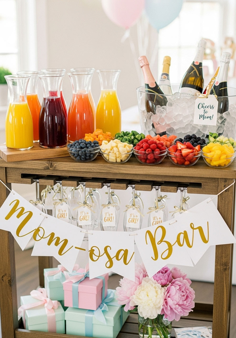 A beautifully styled "Mom-osa" bar at a baby shower, featuring champagne, juices in carafes, and fresh fruit garnishes for guests to enjoy.