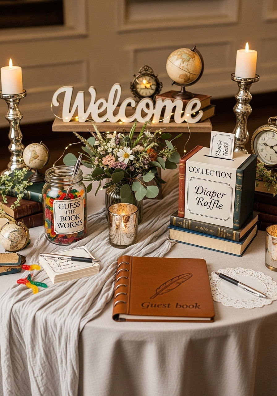 Beautiful welcome table setup with book-themed decorations, games, and diaper raffle collection for baby shower entrance