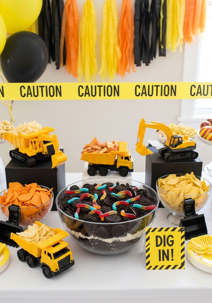 A playful construction-themed baby shower with a yellow and black color scheme, using toy trucks to serve snacks.