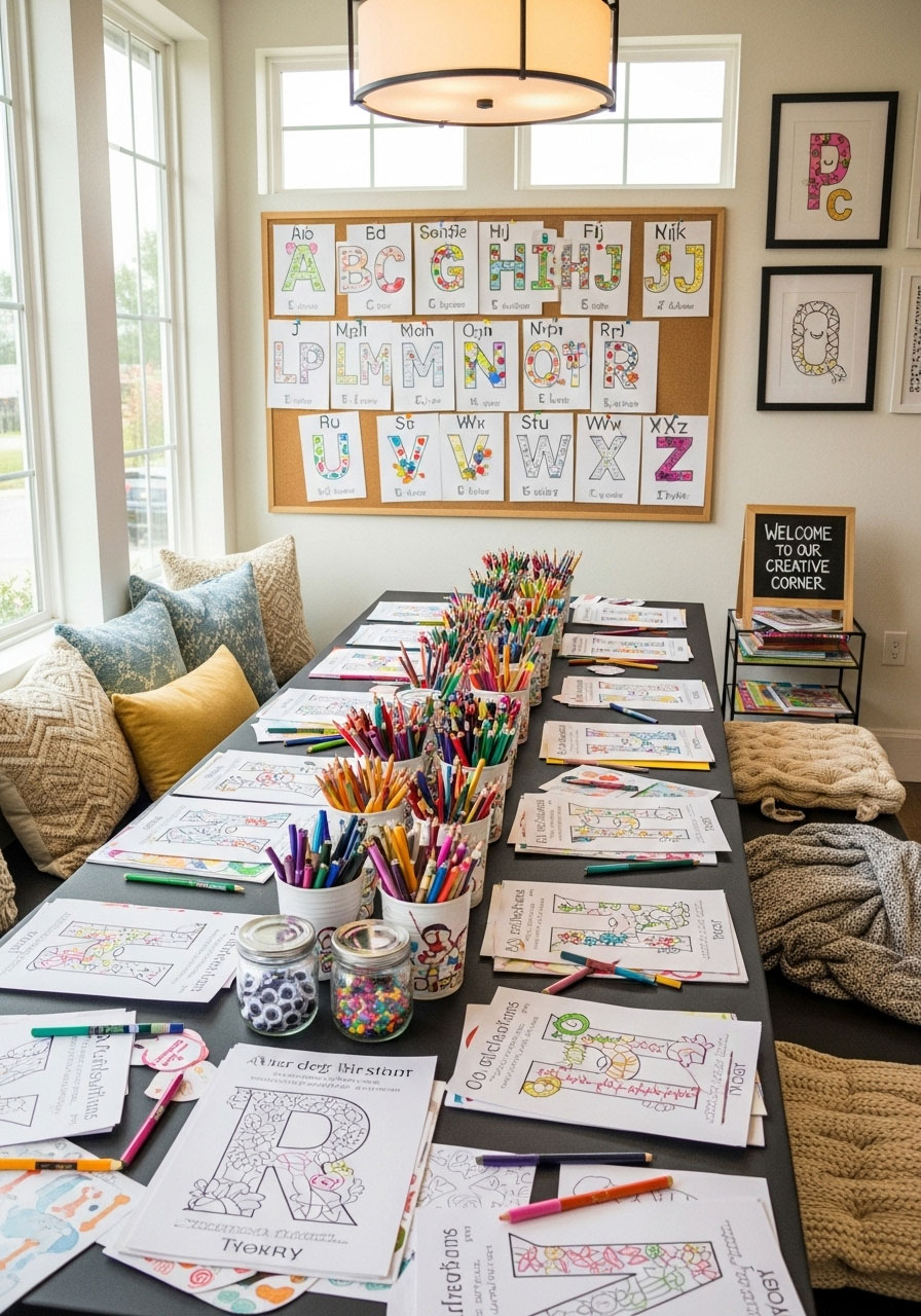 Interactive alphabet book coloring station where guests color letters and write messages to baby, creative baby shower activity