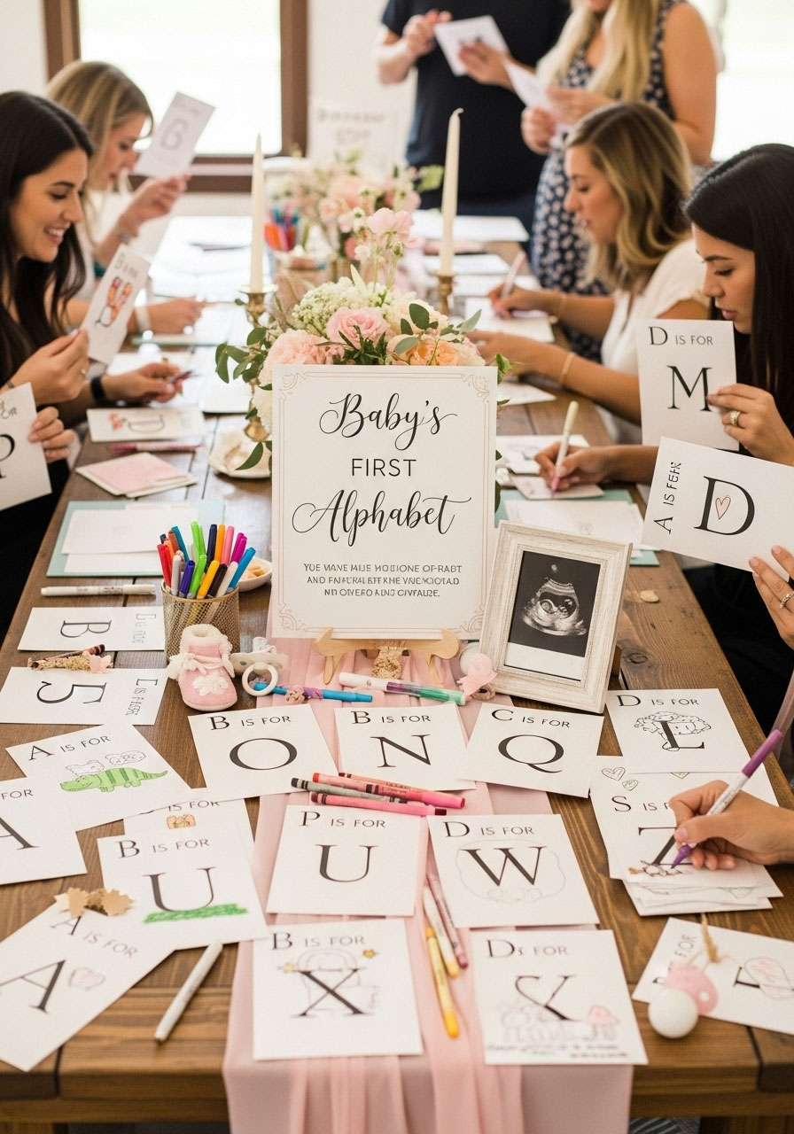 Blank cards or book with guest drawings for each letter at a baby girl shower.