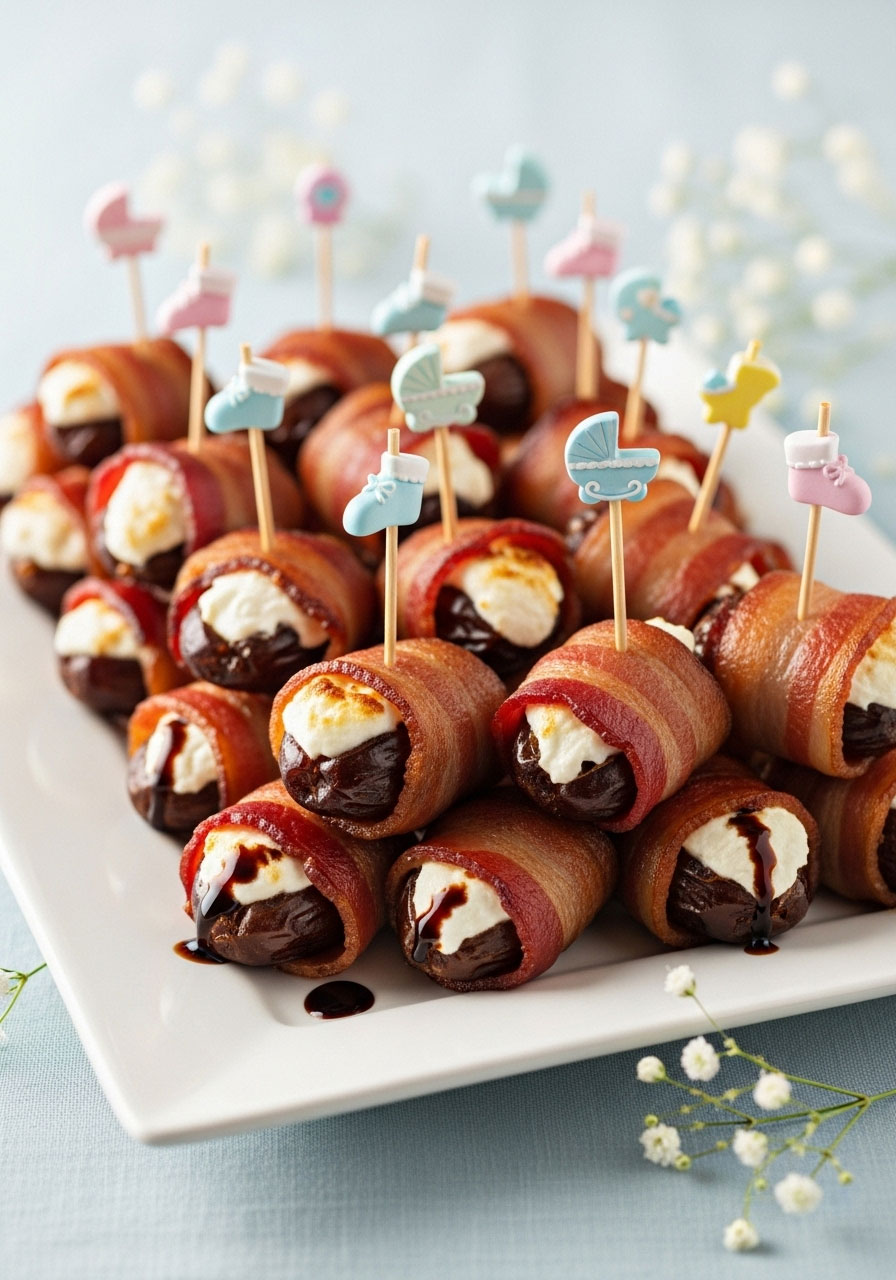 Elegant bacon-wrapped dates stuffed with goat cheese, standing on a platter like sweet and savory bundles of joy for a baby shower.