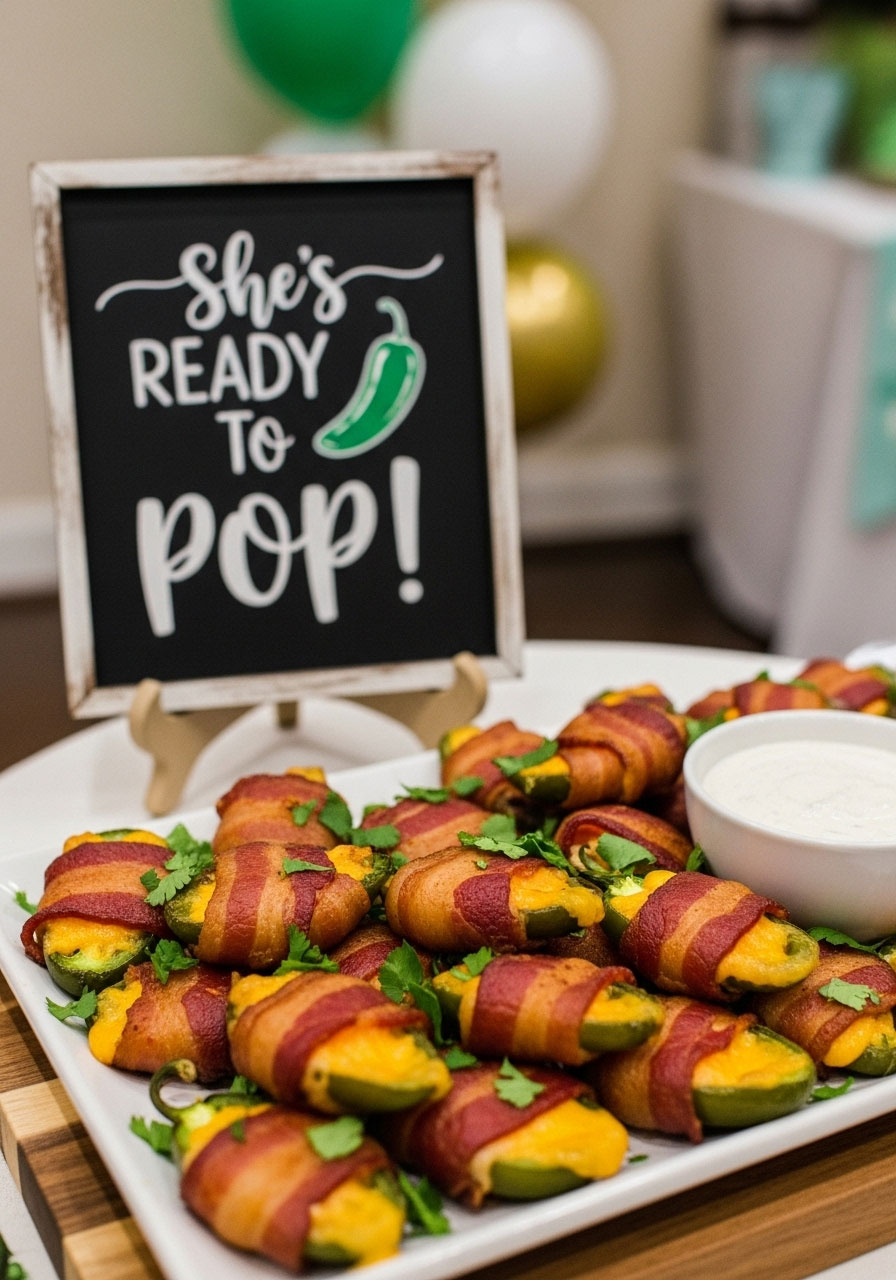 Spicy and creamy bacon-wrapped jalapeño poppers on a tray with a funny "She's Ready to Pop!" sign for a baby shower.