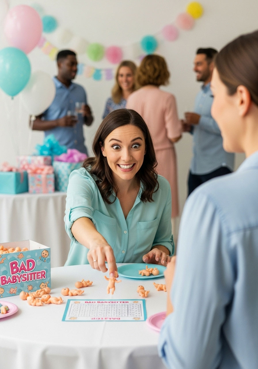 A guest sneakily stealing a tiny plastic baby from another player in the 'Bad Babysitter' shower game.