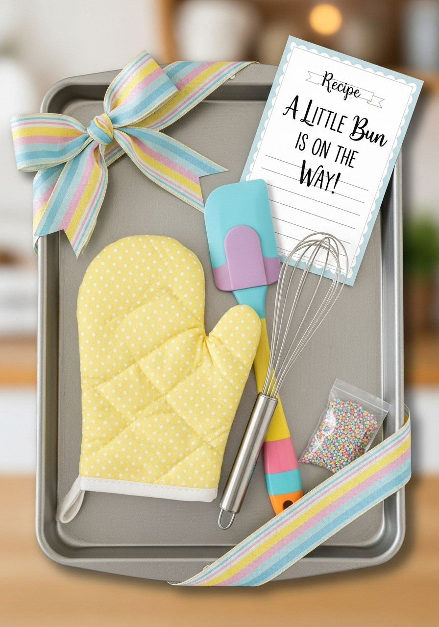 A cookie sheet with an oven mitt and spatula wrapped in a ribbon, a perfect prize for a baker.