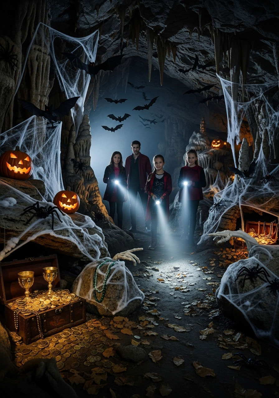 Halloween bat cave treasure hunt carnival game with players using flashlights to find hidden treasures in dark spooky area