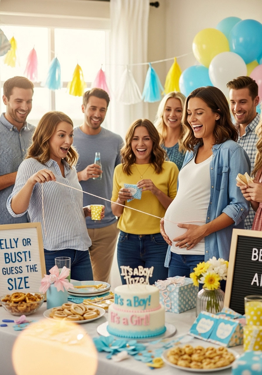 A pregnant woman laughing as a guest measures her belly with yarn in the 'Belly or Bust!' baby shower game.