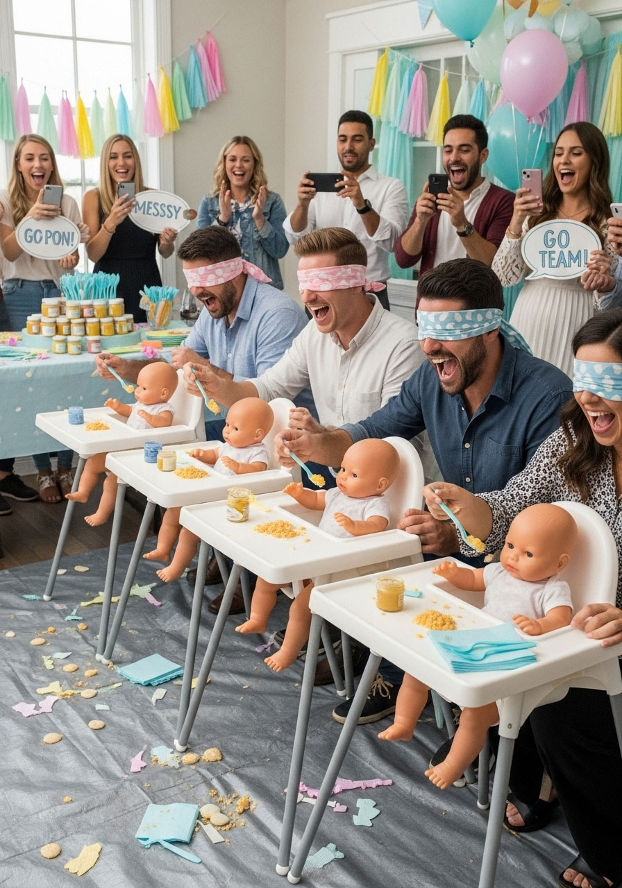 Messy baby shower game with blindfolded guests attempting to feed baby dolls using spoons and baby food