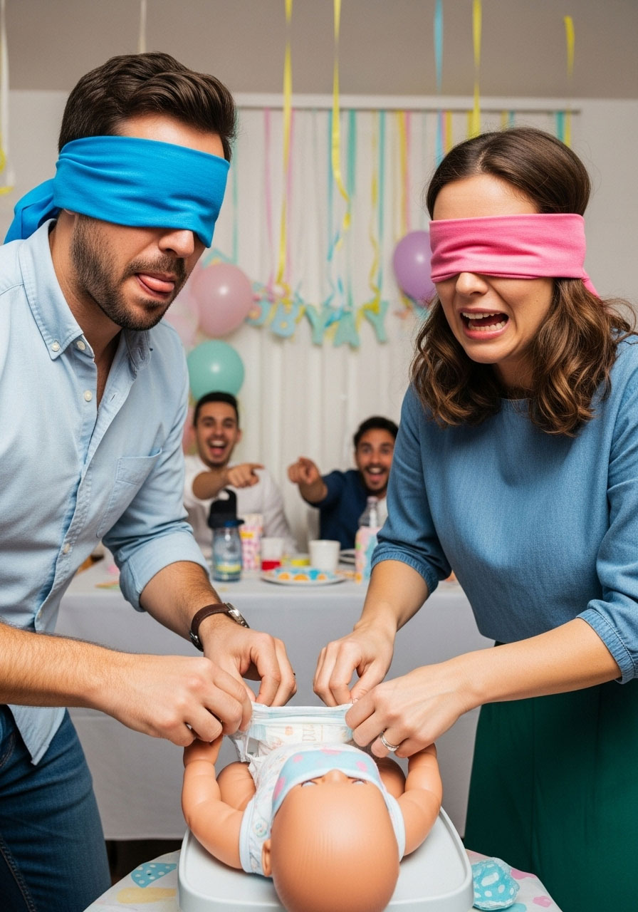A blindfolded guest clumsily trying to diaper a doll in the hilarious Blindfolded Diaper Derby baby shower game.