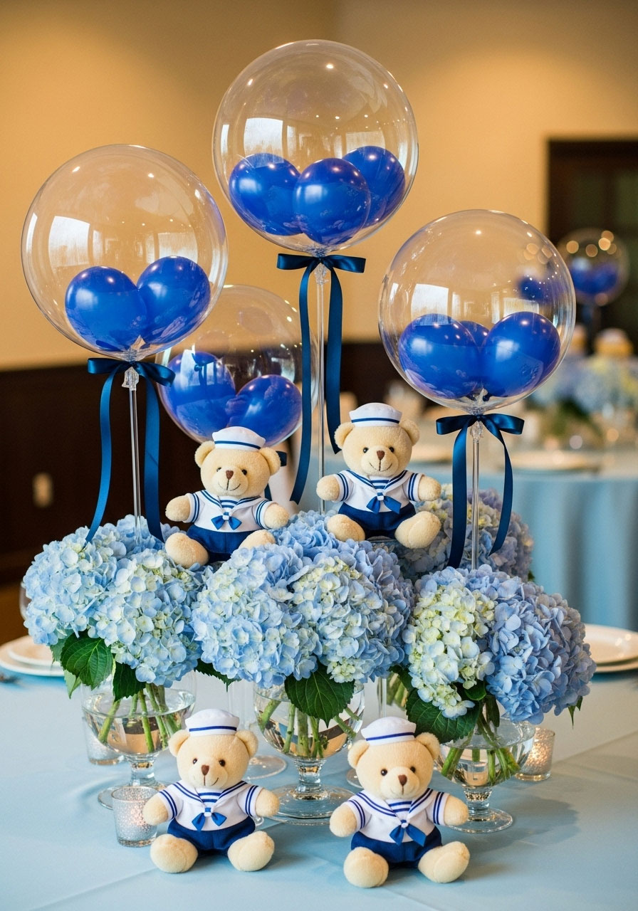 Charming baby shower centerpiece with blue hydrangeas, teddy bears in navy outfits, and clear bubble balloons with ribbon
