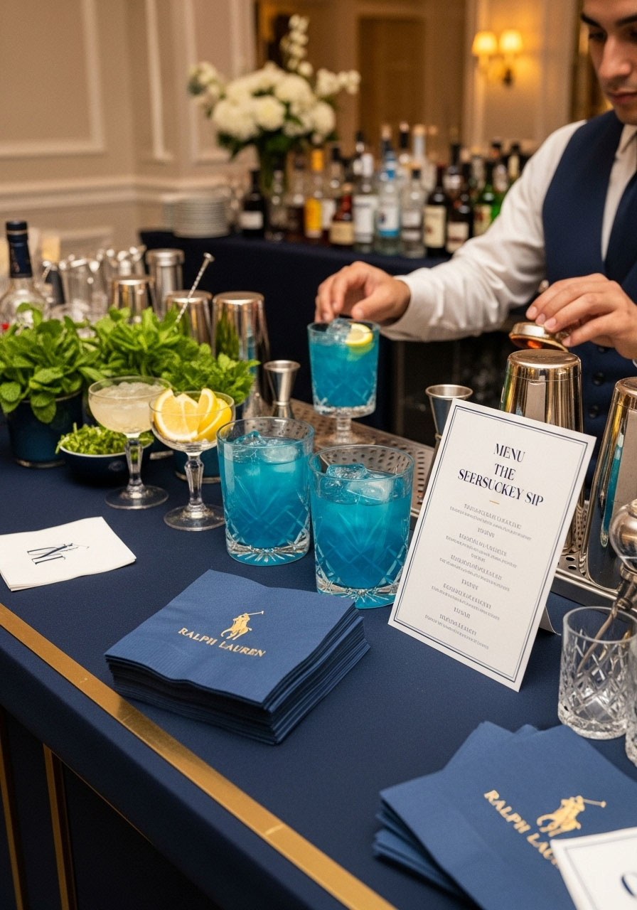 Elegant baby shower cocktail station featuring blue signature drinks in sophisticated glasses with preppy menu cards and garnishes