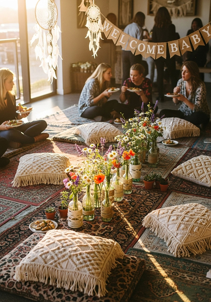 A trendy, low-budget 'Boho Chic' baby shower with a floor picnic setup using mismatched rugs and pillows.