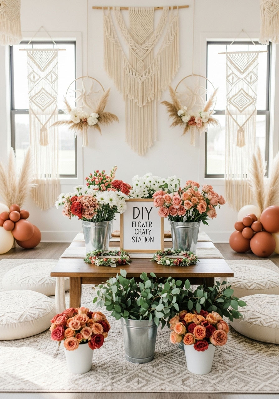 A stylish boho chic baby shower with a macrame wall hanging, pampas grass arrangements, and a DIY flower crown station.