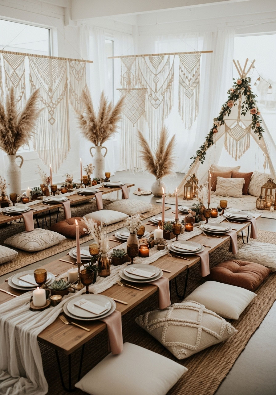 Relaxed boho gender neutral baby shower with macramé, pampas grass, and teepee for free-spirited earthy elegance