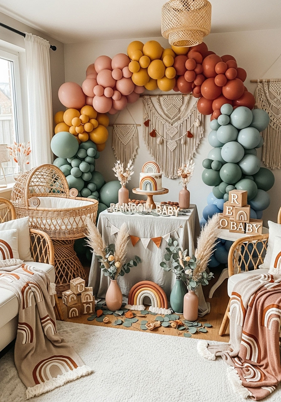 Trendy boho rainbow gender neutral shower with earthy muted colors, wicker, and balloon arch for cheerful rainbow baby