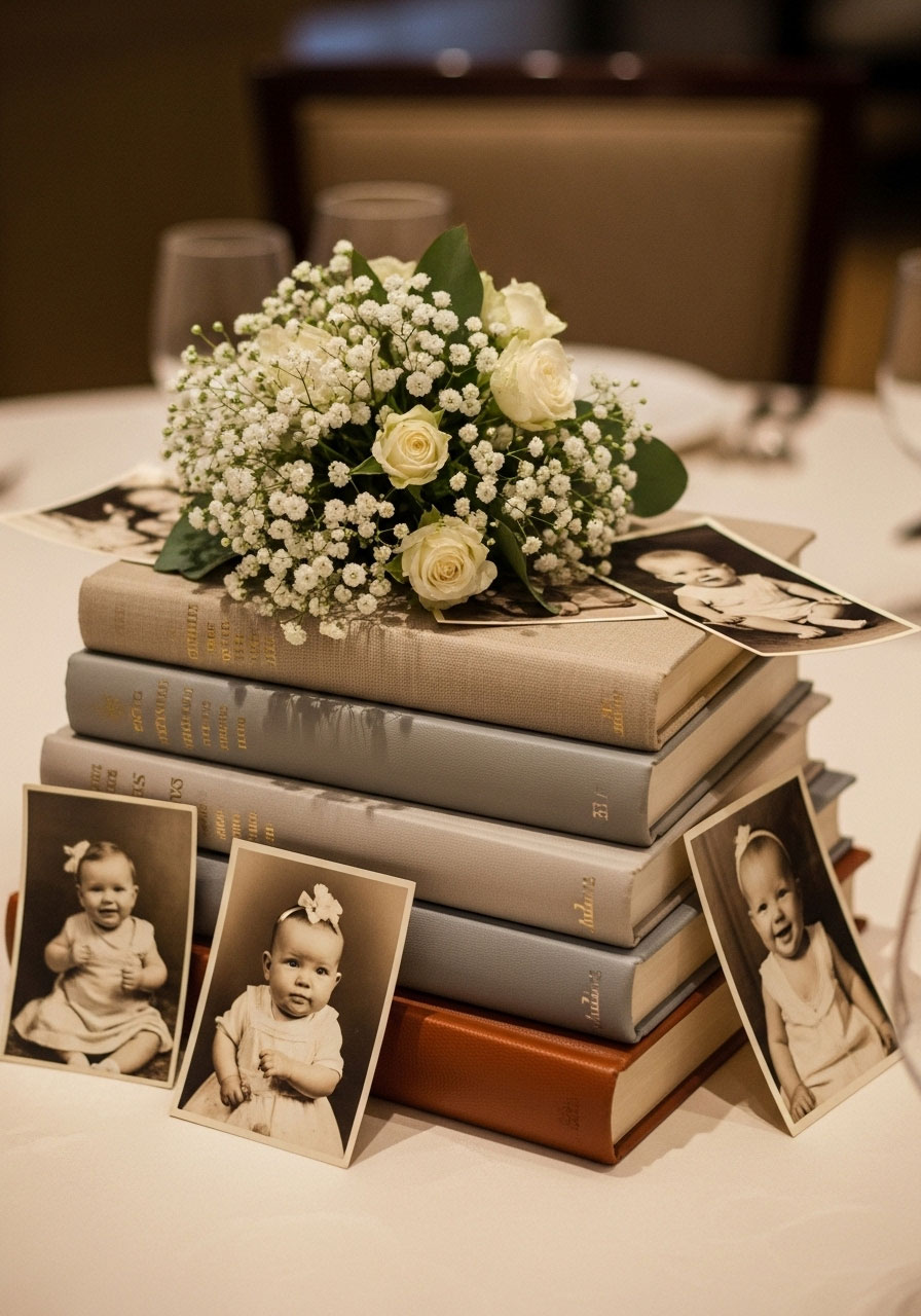 Elegant stacked book centerpieces with fresh flowers on top and vintage baby photos, sophisticated table decorations for literary baby shower