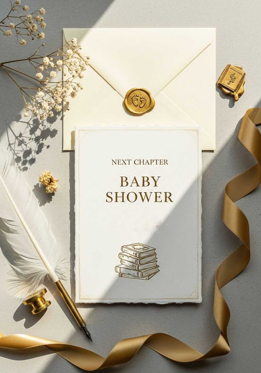 Elegant vintage book-themed baby shower invitation with gold typography and cream paper, perfect for a literary Next Chapter celebration