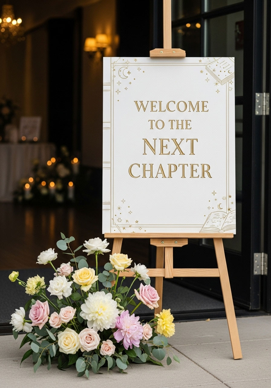 Welcome to the Next Chapter baby shower sign displayed on wooden easel with vintage typography and book theme design