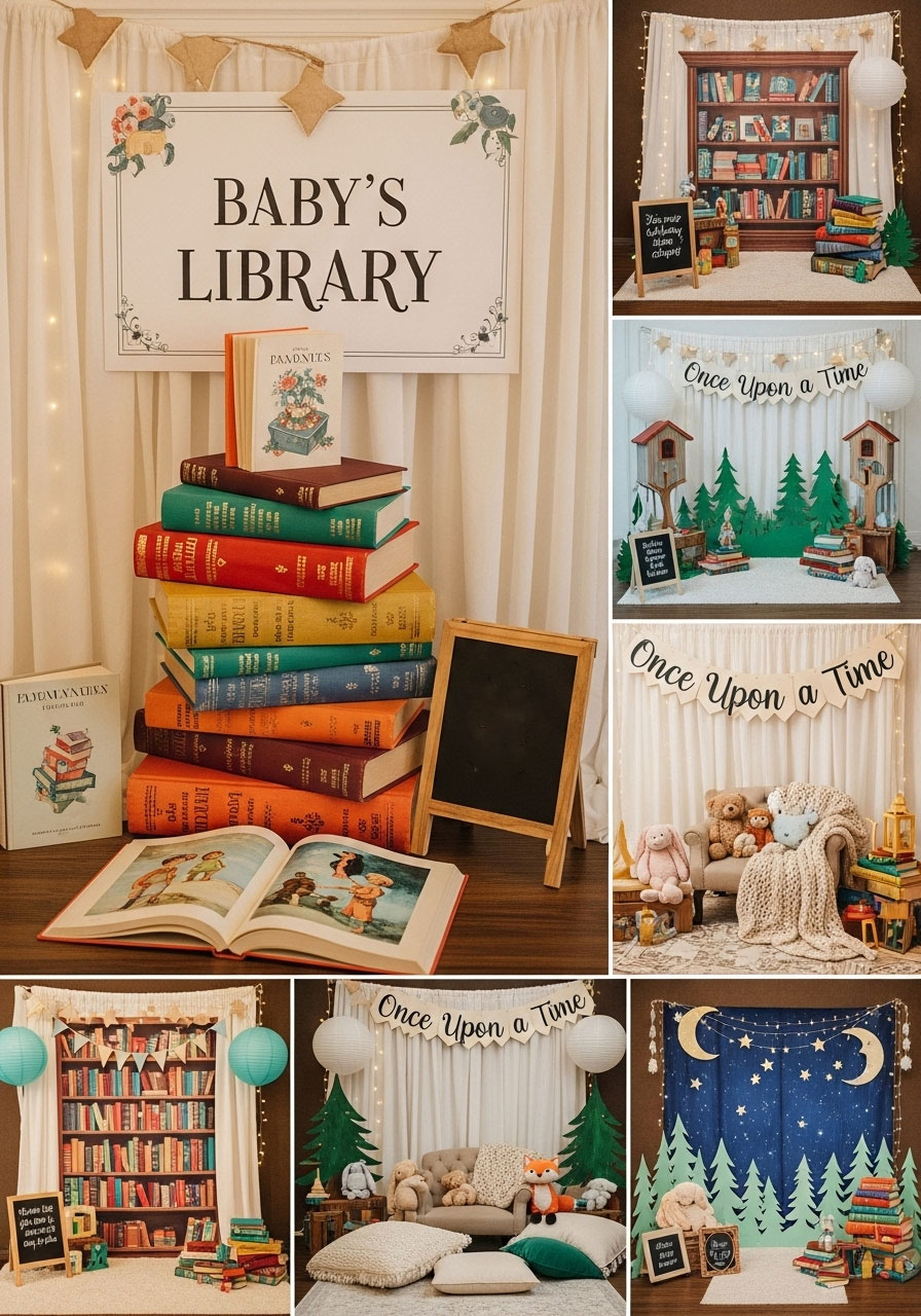 Multiple book-themed photo opportunity stations throughout party space with literary props and Once Upon a Time decorations
