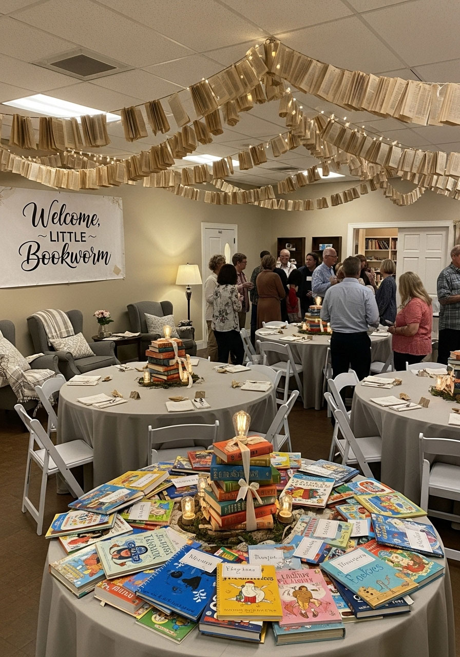 A cozy literary-themed baby shower where tables are decorated with stacks of books and garlands made from book pages.