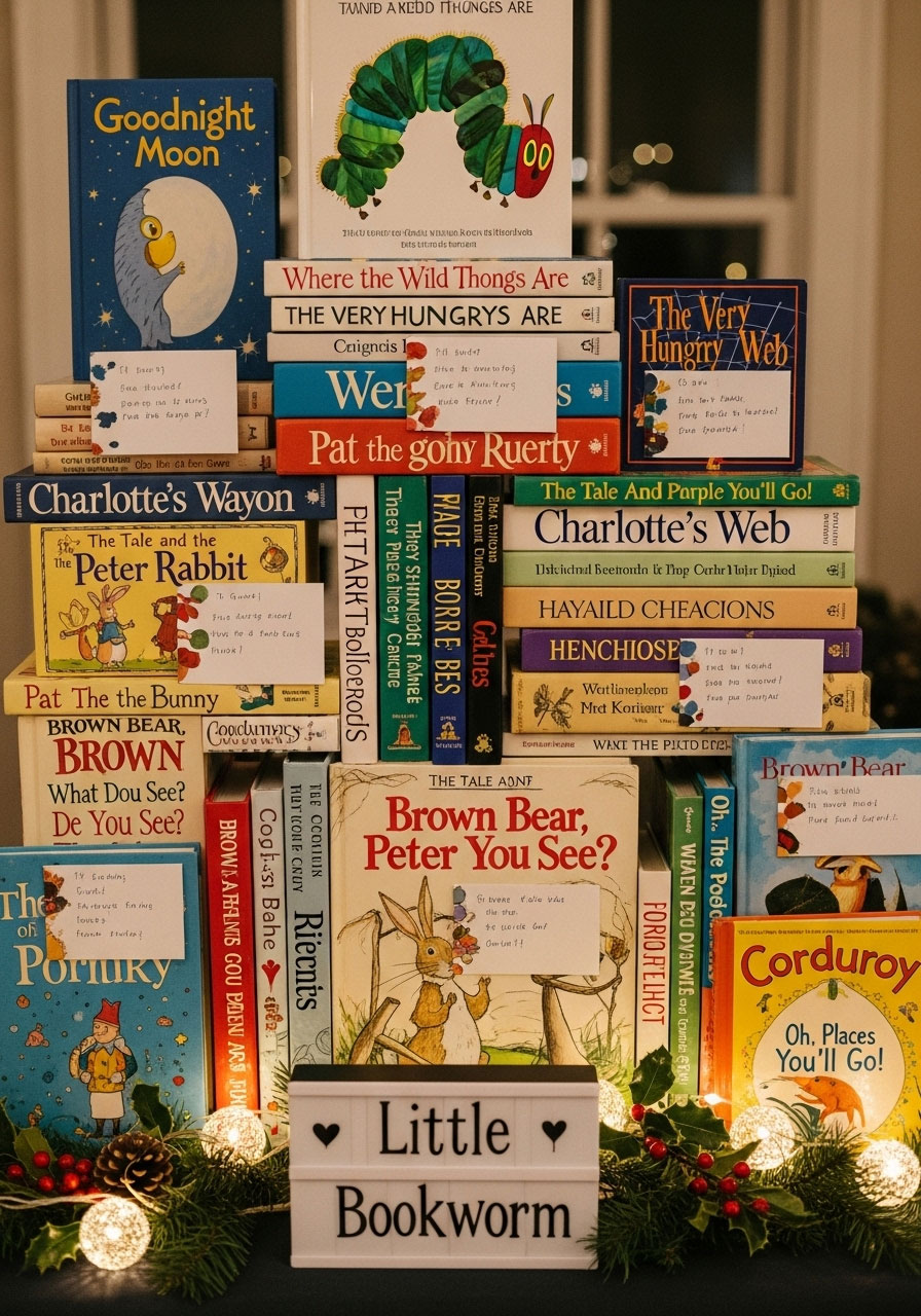 A 'Little Bookworm' baby shower where stacks of gifted children's books serve as the main decor.