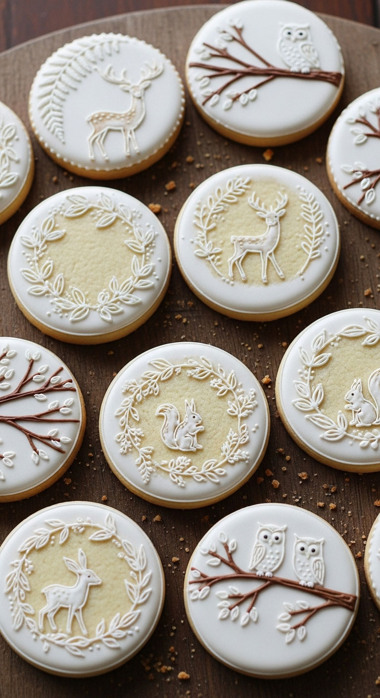 Elegant botanical woodland cookies with delicate fern patterns, deer silhouettes, and botanical wreaths for sophisticated forest baby shower