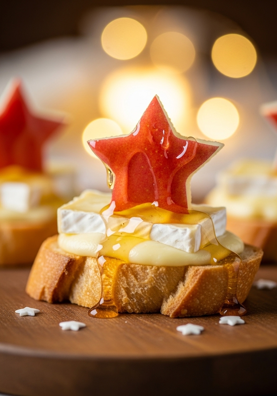 Charming brie and honey crostini topped with an apple slice cut into a star shape, perfect for a "Twinkle, Twinkle Little Star" baby shower.