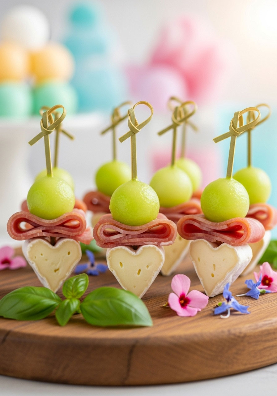 Elegant skewers of prosciutto, melon balls, and brie cheese cut into small heart shapes for a loving baby shower celebration.