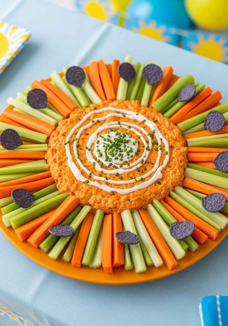 Buffalo chicken dip in a round bowl with carrot and celery sticks arranged around it to look like a blooming flower for a baby shower.