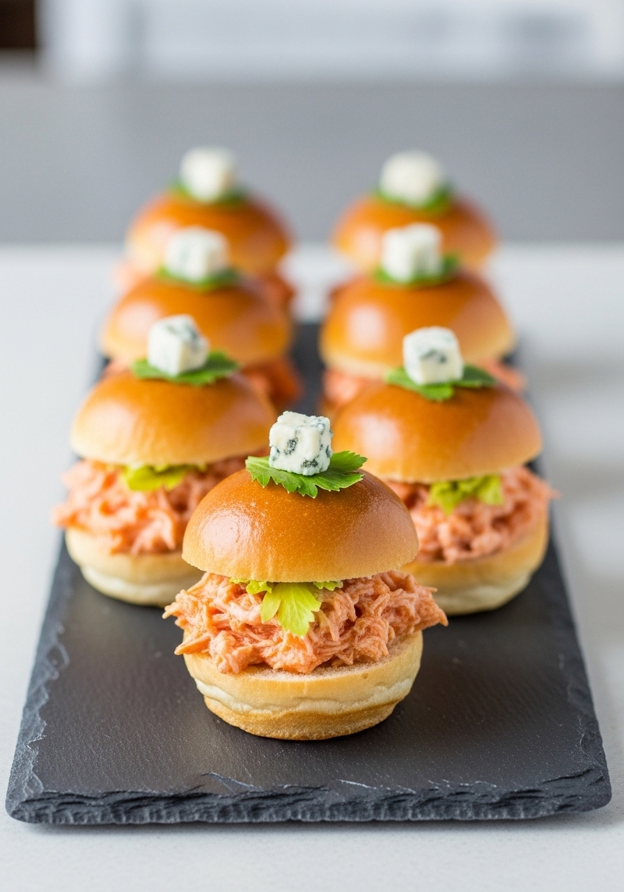 A modern slate platter of buffalo chicken sliders, each elegantly garnished with a blue cheese crumble and a tiny celery leaf.