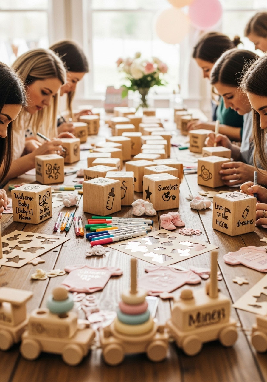 Wooden blocks with guest drawings as a toy set for a baby girl shower.