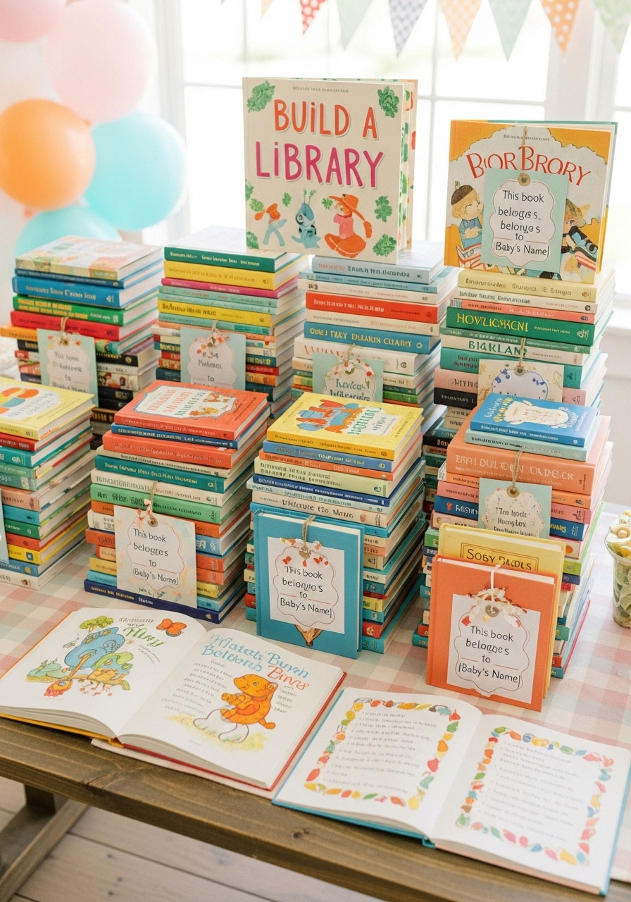 Children’s books with guest messages stacked as gifts for a baby girl shower.