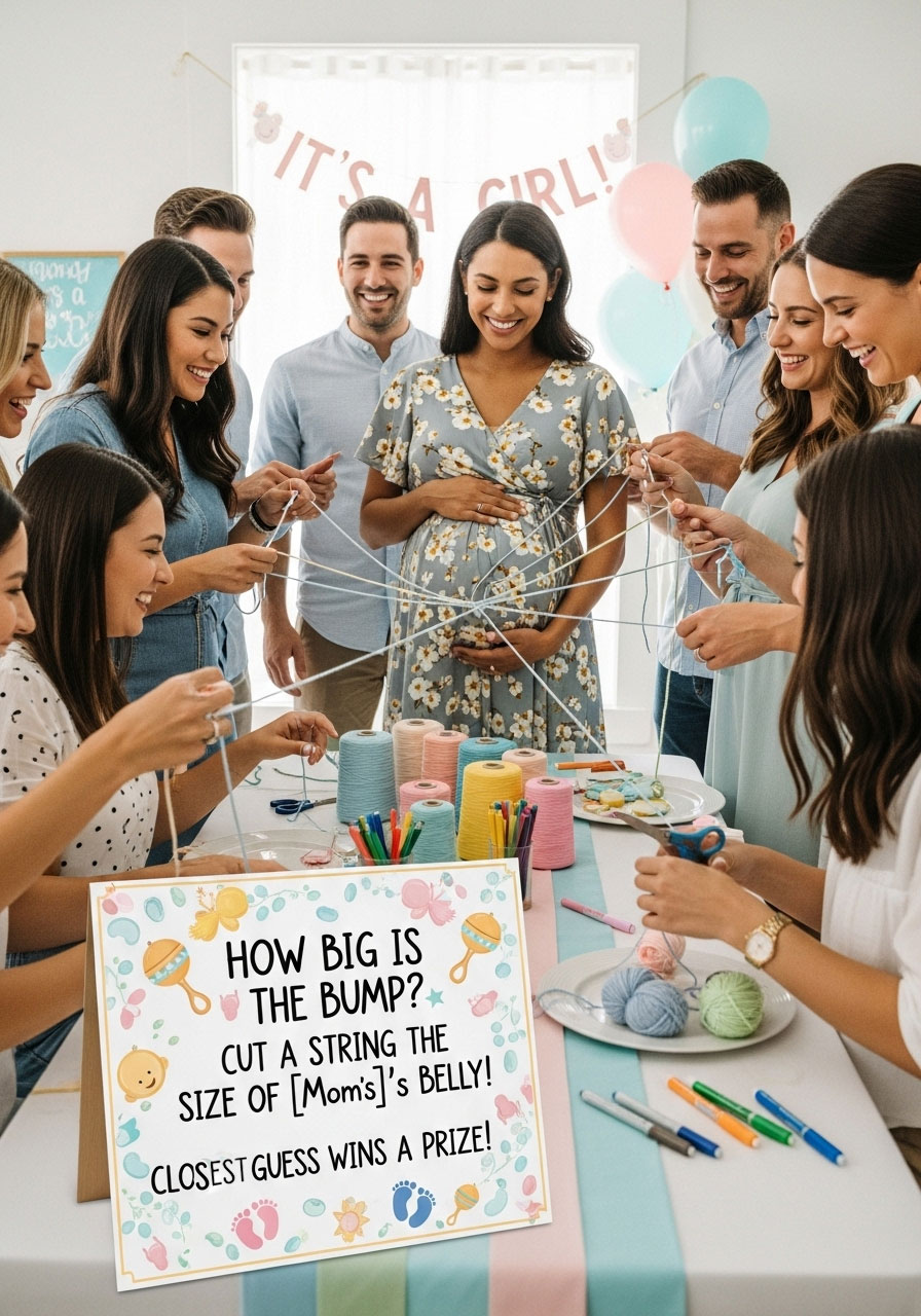 Guests cutting yarn to match mom-to-be’s belly for a game at a baby girl shower.
