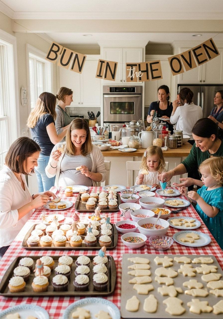 A 'Bun in the Oven' baby shower theme set up in a kitchen with a checkered tablecloth and homemade treats.