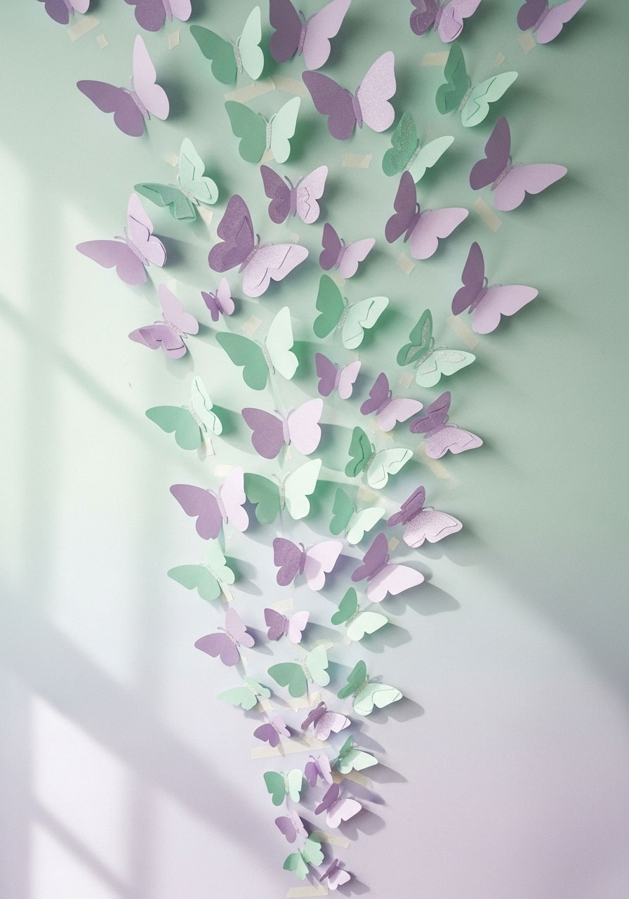An enchanting 'Butterfly Garden' baby shower with a wall decorated with a cascade of DIY paper butterflies.
