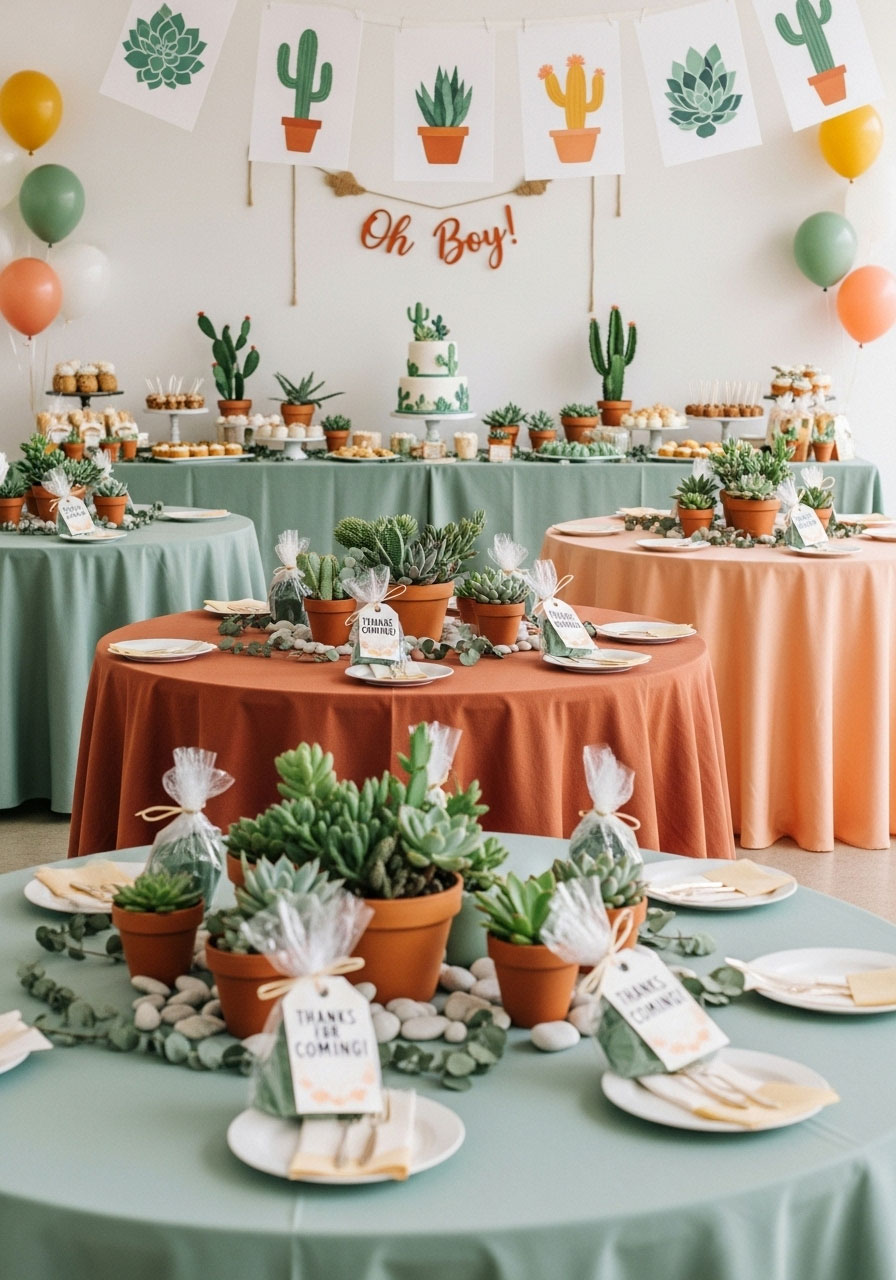 Trendy cactus gender neutral baby shower with succulents in green peach terracotta for playful botanical party ideas