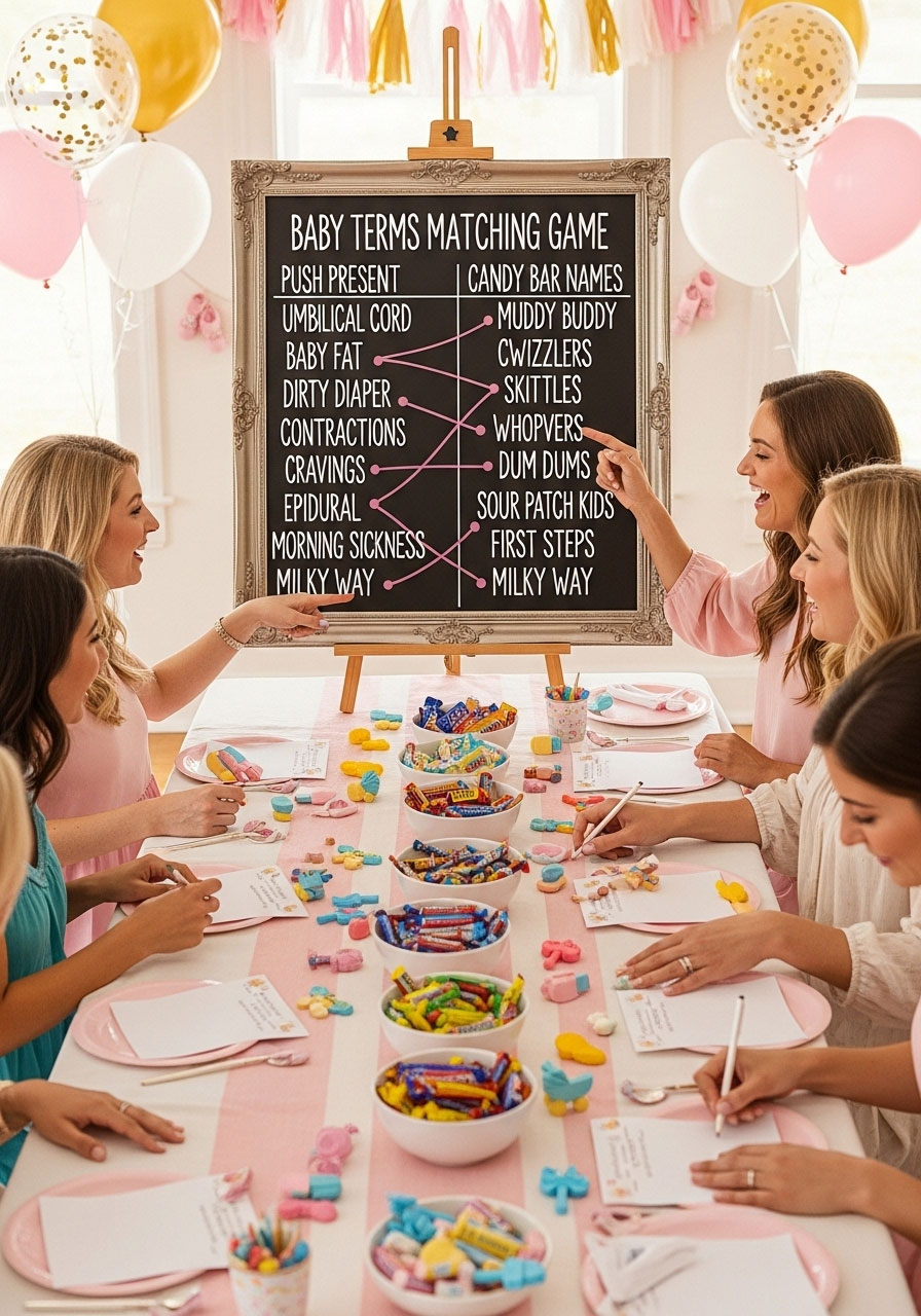 Lists matching baby terms to candy bars for a fun game at a baby girl shower.