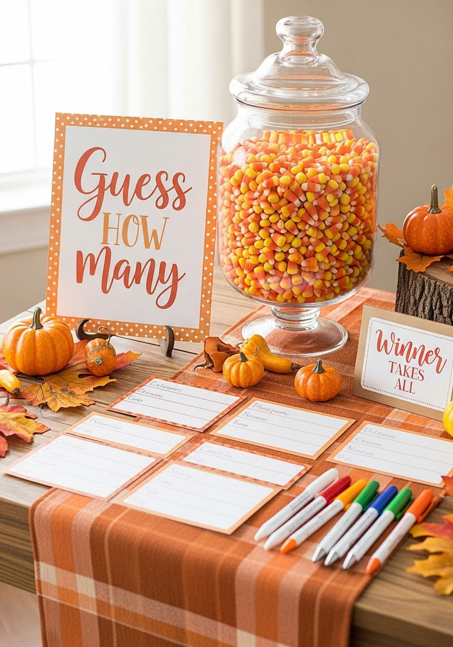 Simple fall baby shower candy corn guessing game with a glass jar, sign, and pens, set up for easy guest participation