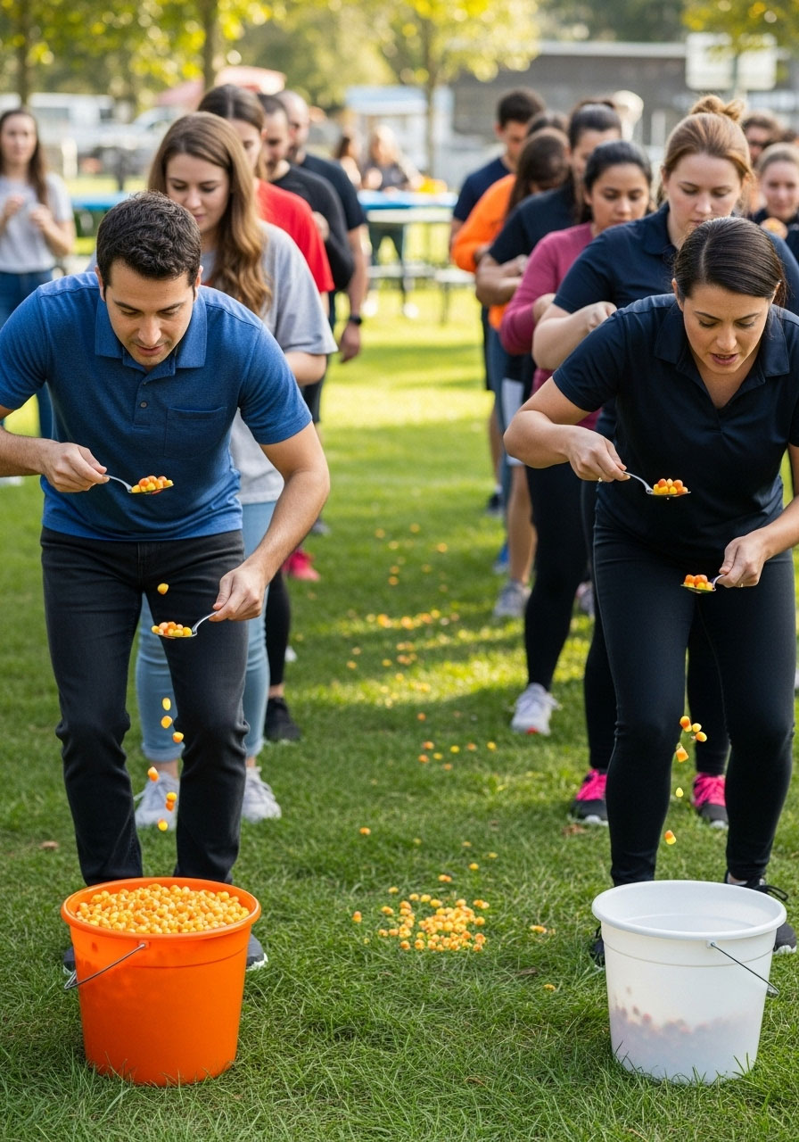Halloween candy corn relay race carnival game with teams using spoons to transfer candy between buckets