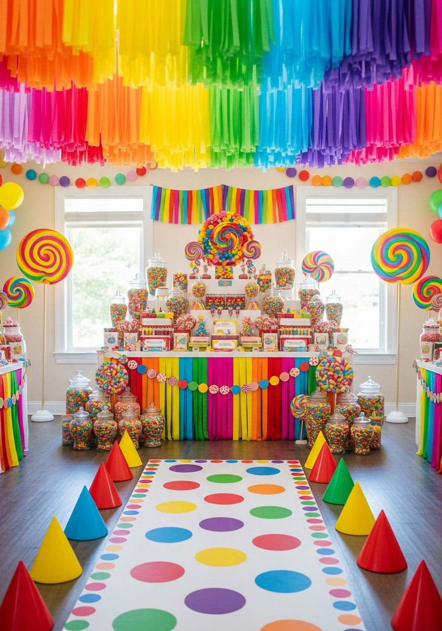 A whimsical Candy Land baby shower with giant lollipop decorations, a gumdrop pathway, and an epic candy buffet for guests.