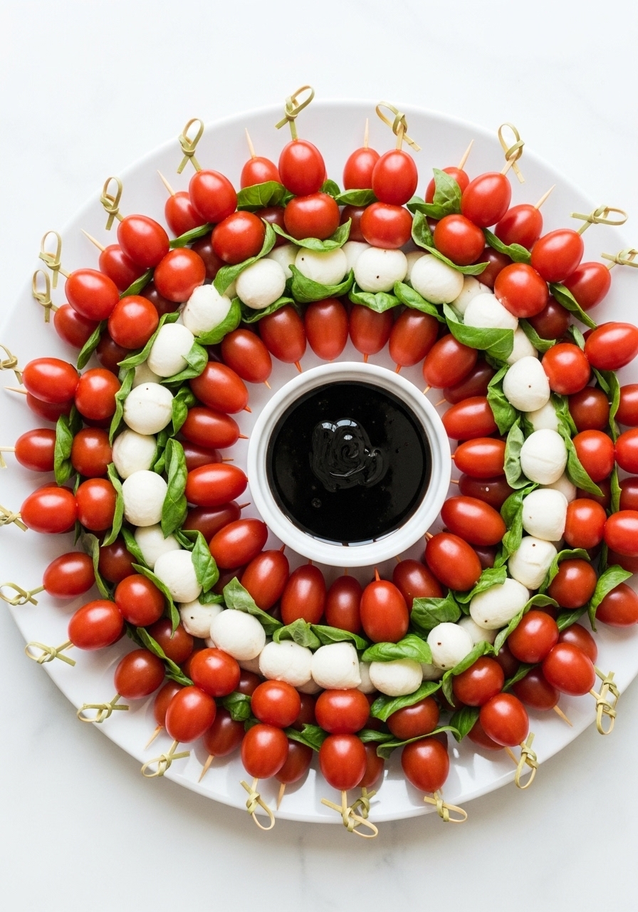 A beautiful wreath made of Caprese skewers on a round platter, with a bowl of balsamic glaze in the center for dipping.