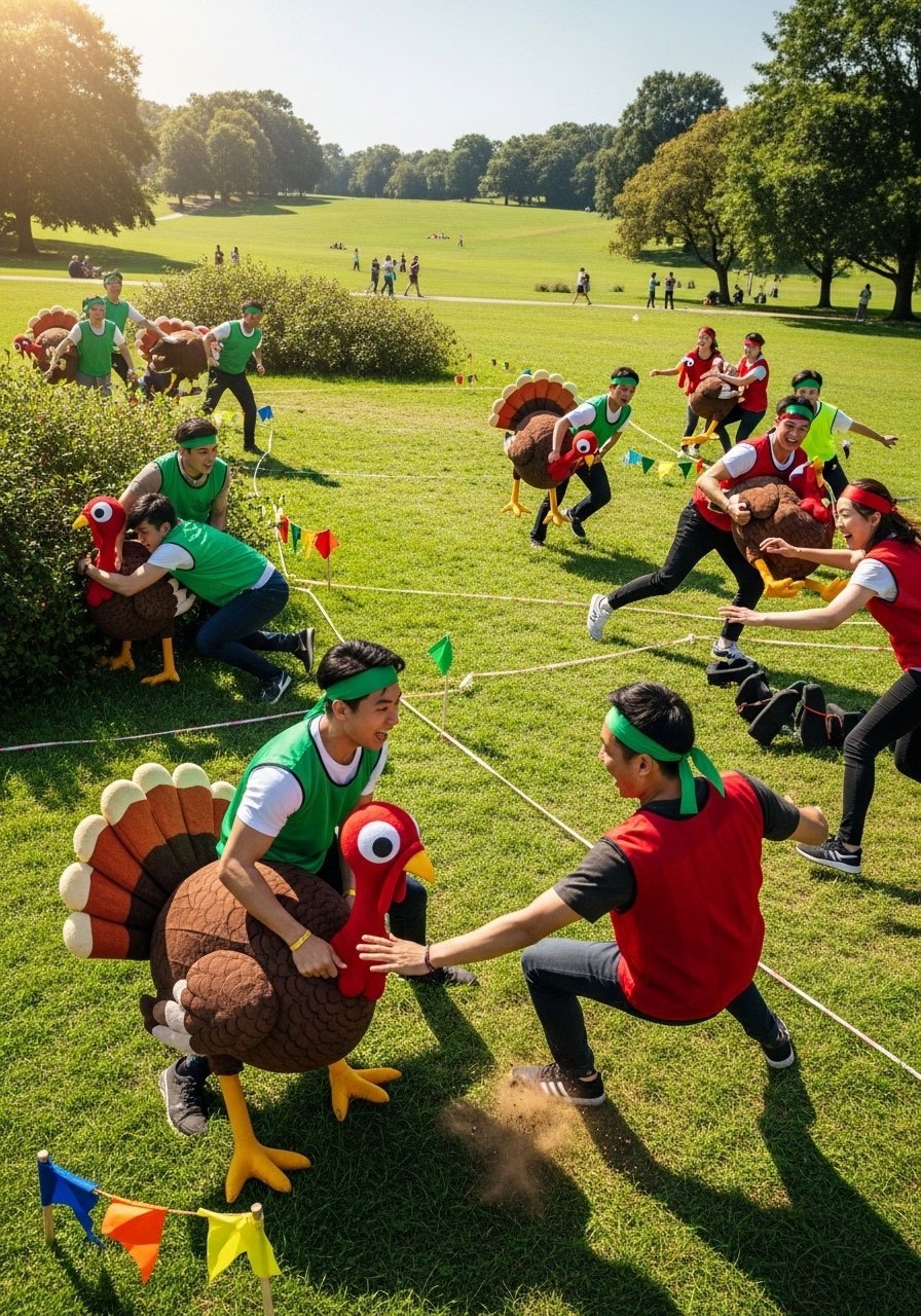 Capture the Turkey outdoor game with teams racing to steal turkey from opponent territory
