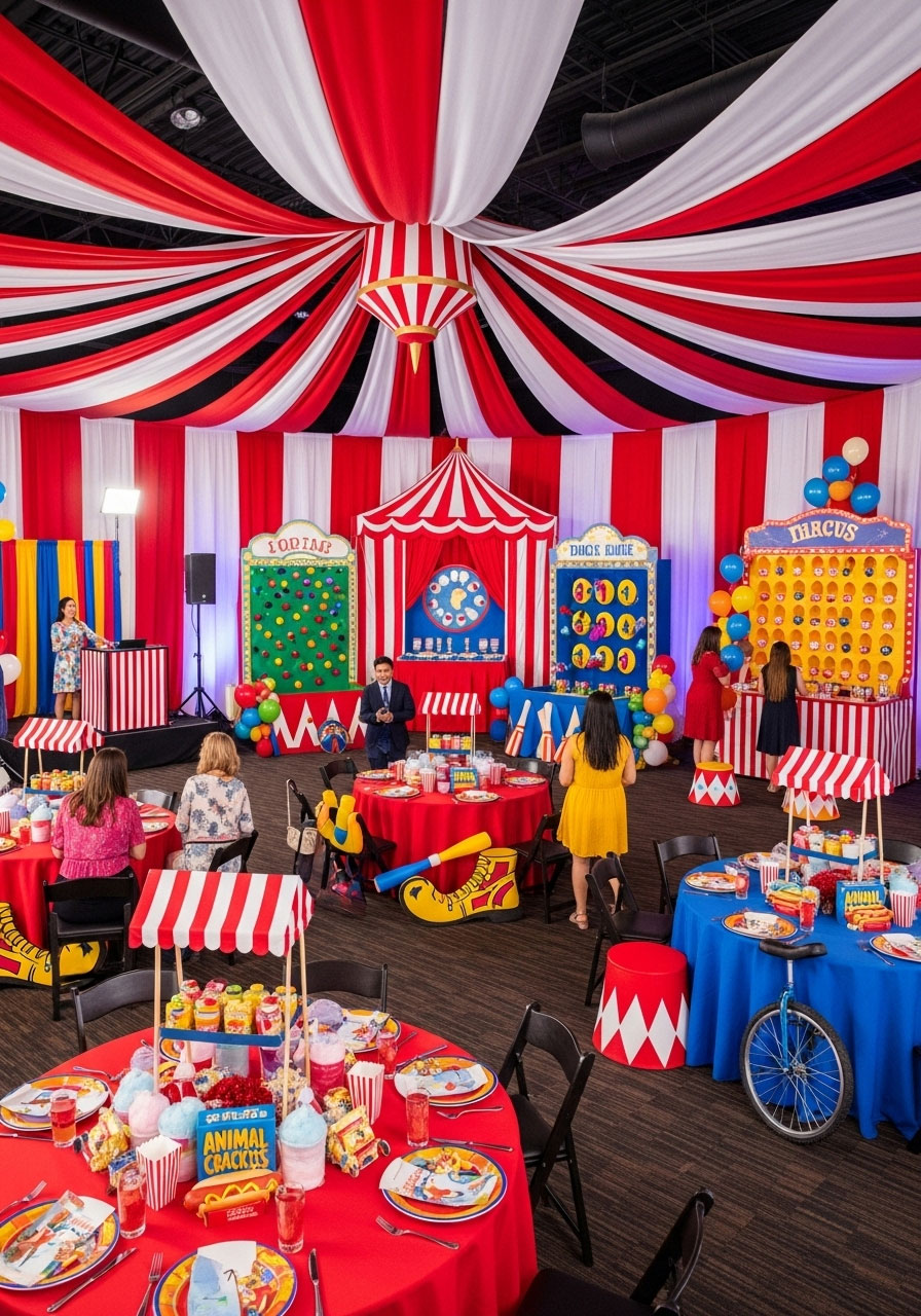 Carnival circus baby shower with red and white striped decorations, game booths, popcorn containers and festive big top party atmosphere