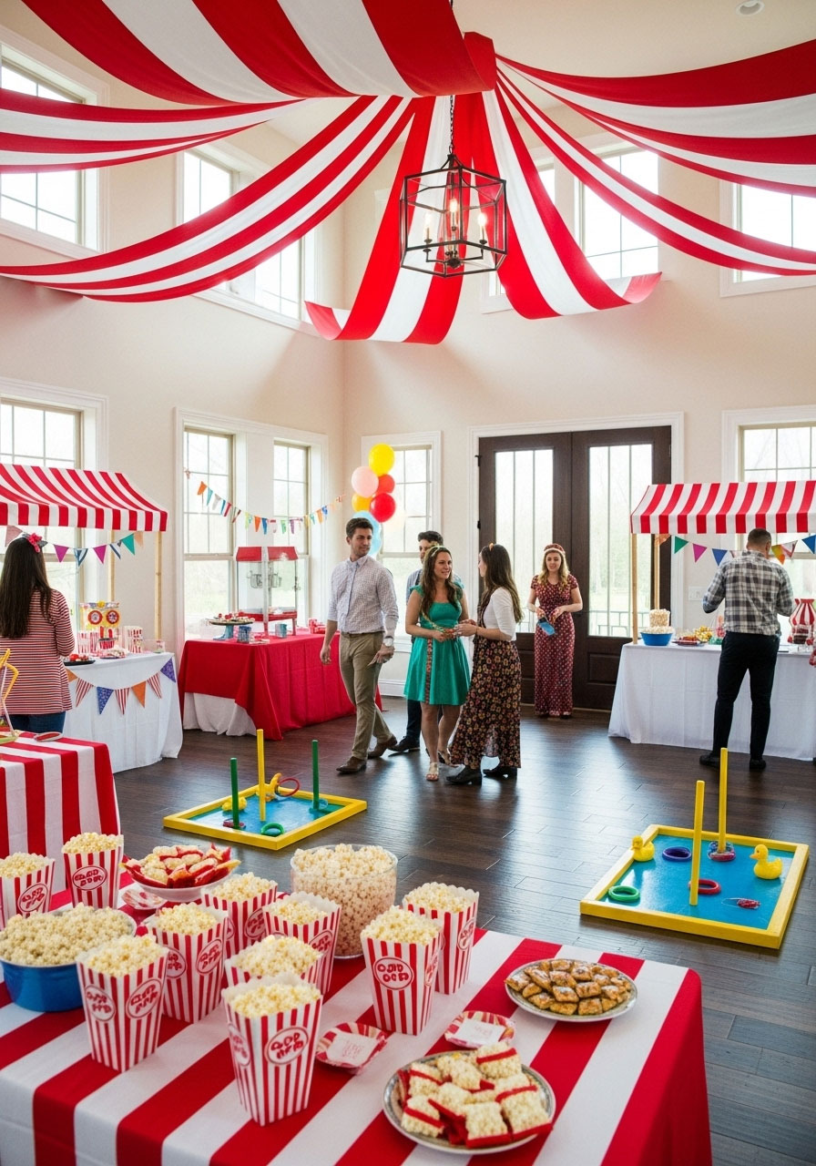 Playful carnival gender neutral baby shower with red white stripes, popcorn, and games for nostalgic fairground fun