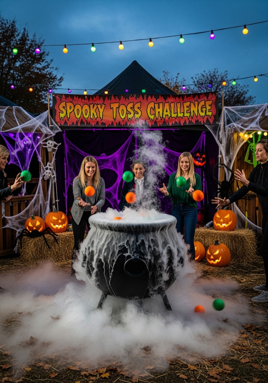 Halloween cauldron toss challenge carnival game with bubbling black cauldron target and players throwing magical ingredients