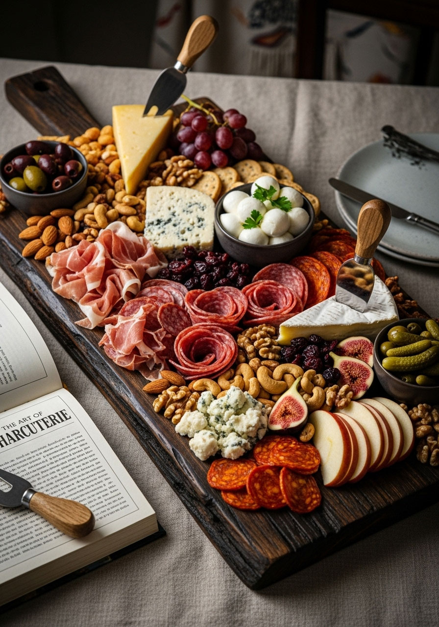 Wooden charcuterie board with meats and cheeses for entertaining diaper raffle prize
