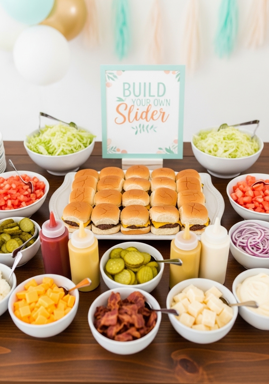 A fun and interactive cheeseburger slider station at a baby shower, with small bowls of fresh toppings for guests to customize their own.