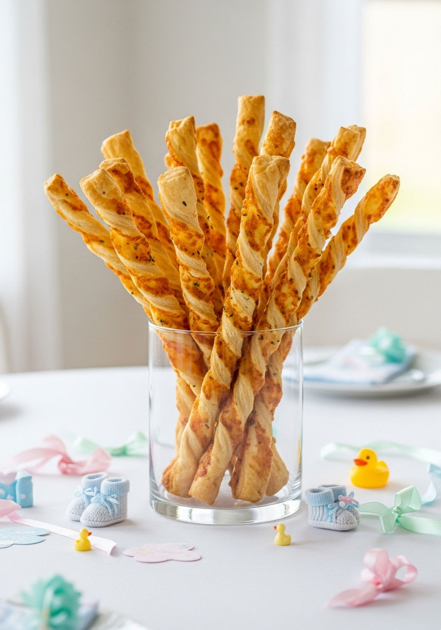An elegant bouquet of cheesy puff pastry twists standing upright in a glass jar, a chic and space-saving baby shower serving idea.