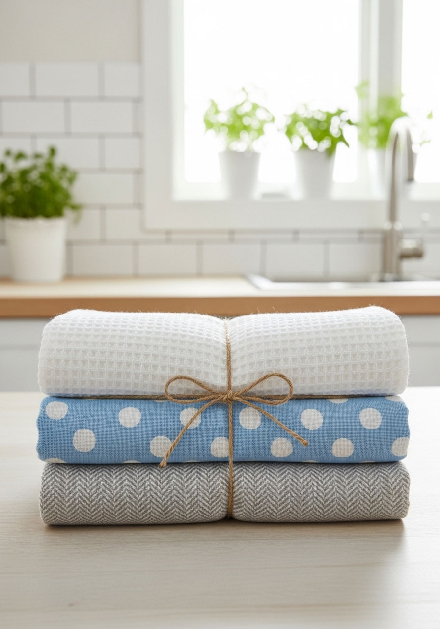A set of stylish, modern kitchen towels tied with a ribbon, a practical and decorative prize.