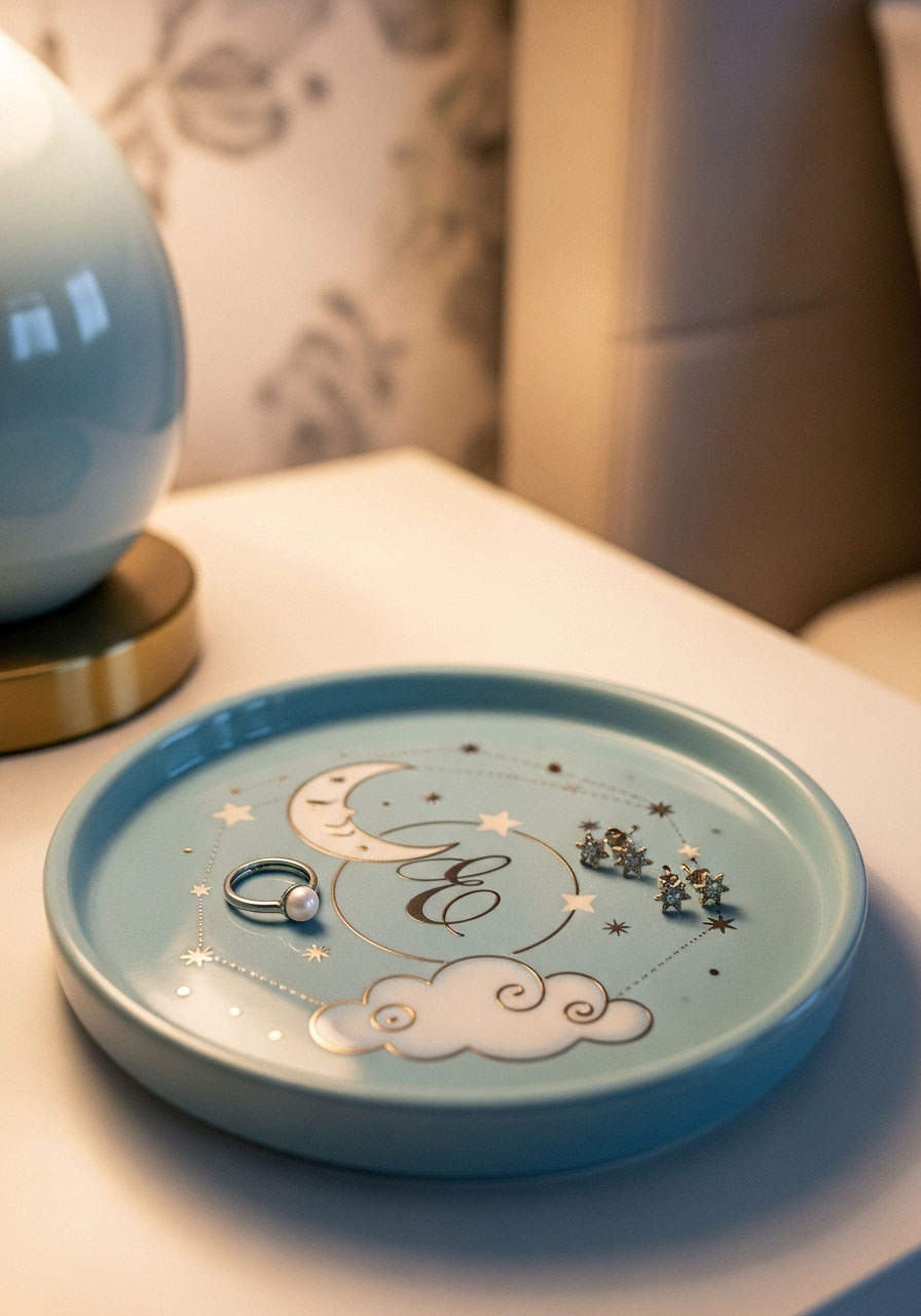 A small, decorative ceramic tray for holding jewelry or keys, a stylish organizer prize.